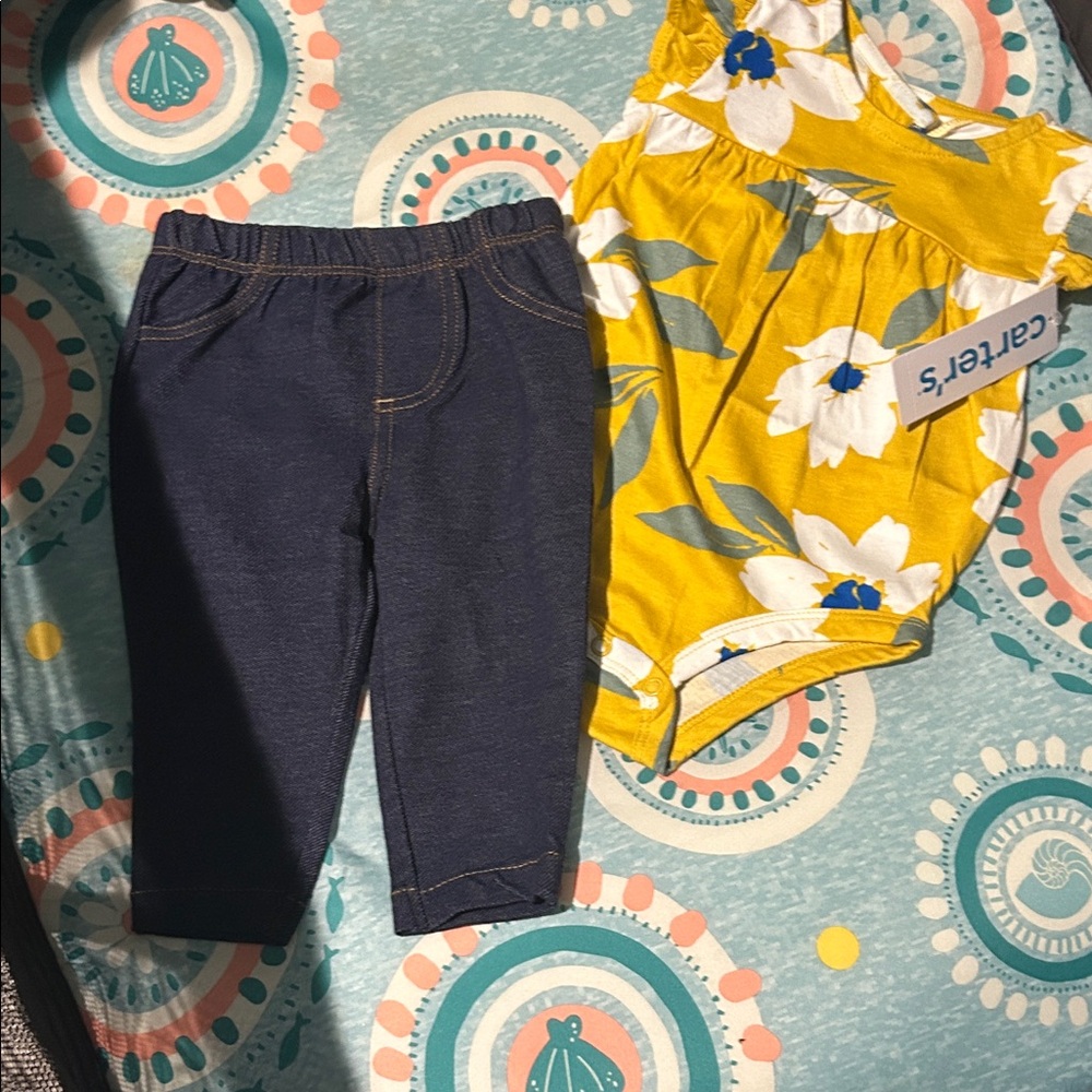 Carter's Yellow Floral Romper with Navy Leggings